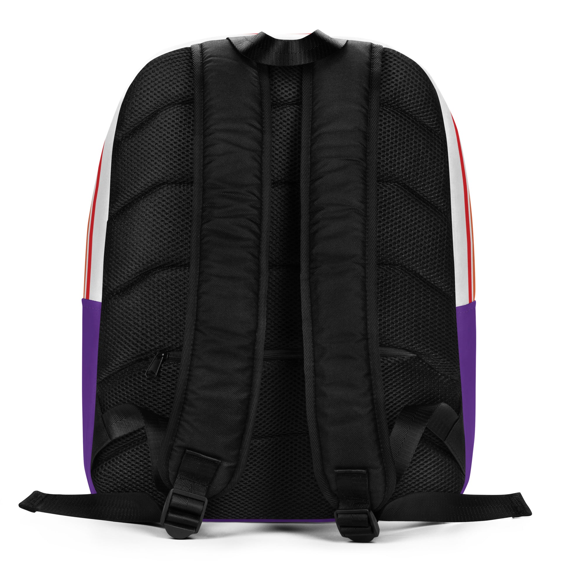 Large Monster White Minimalist Backpack purple base no pocket rainbow striped top  black rear and straps