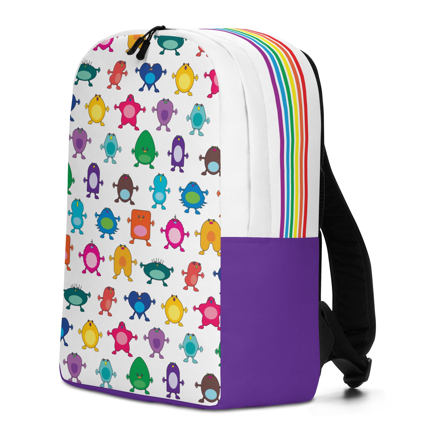 Large Monster White Minimalist Backpack purple base no pocket rainbow striped top 