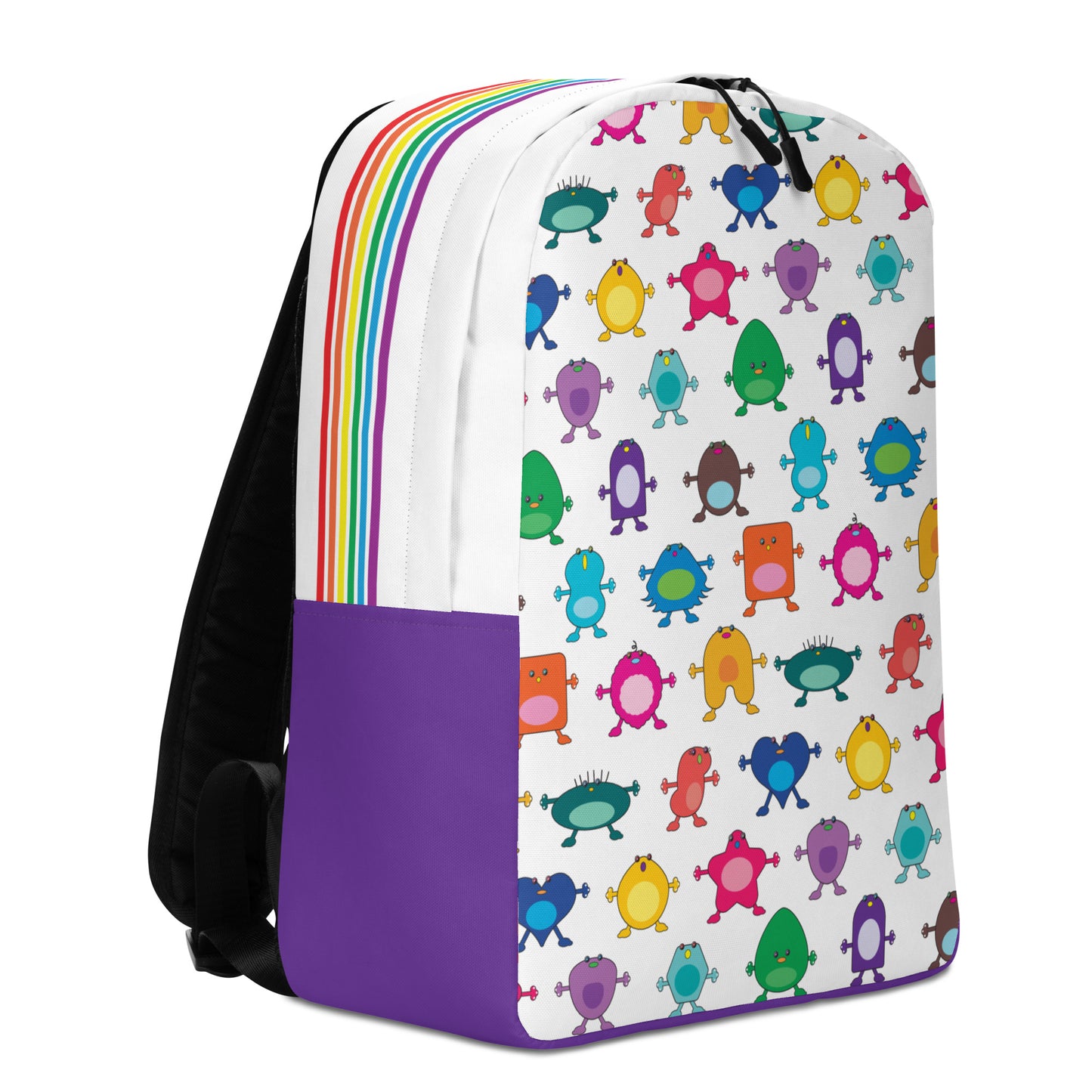 Large Monster White Minimalist Backpack purple base no pocket rainbow striped top 