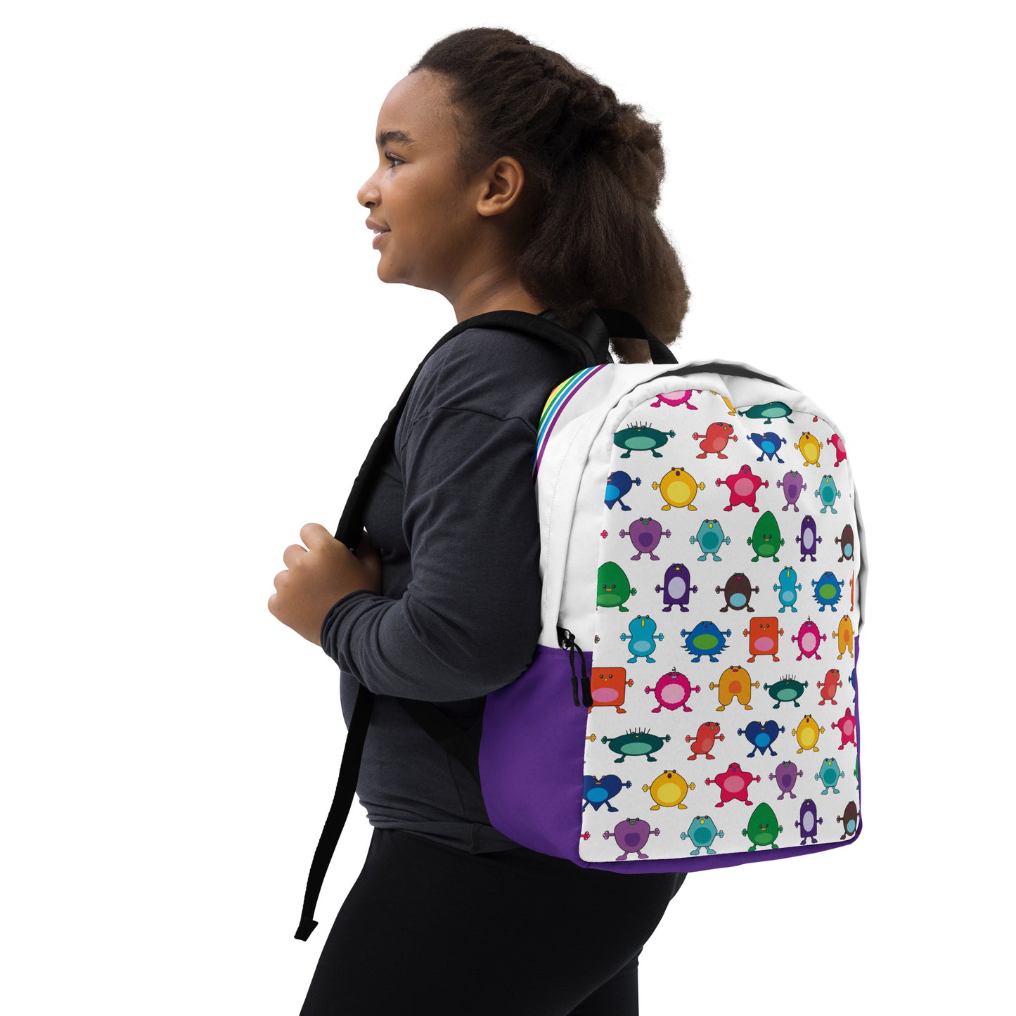 Large Monster White Minimalist Backpack purple base no pocket girl side