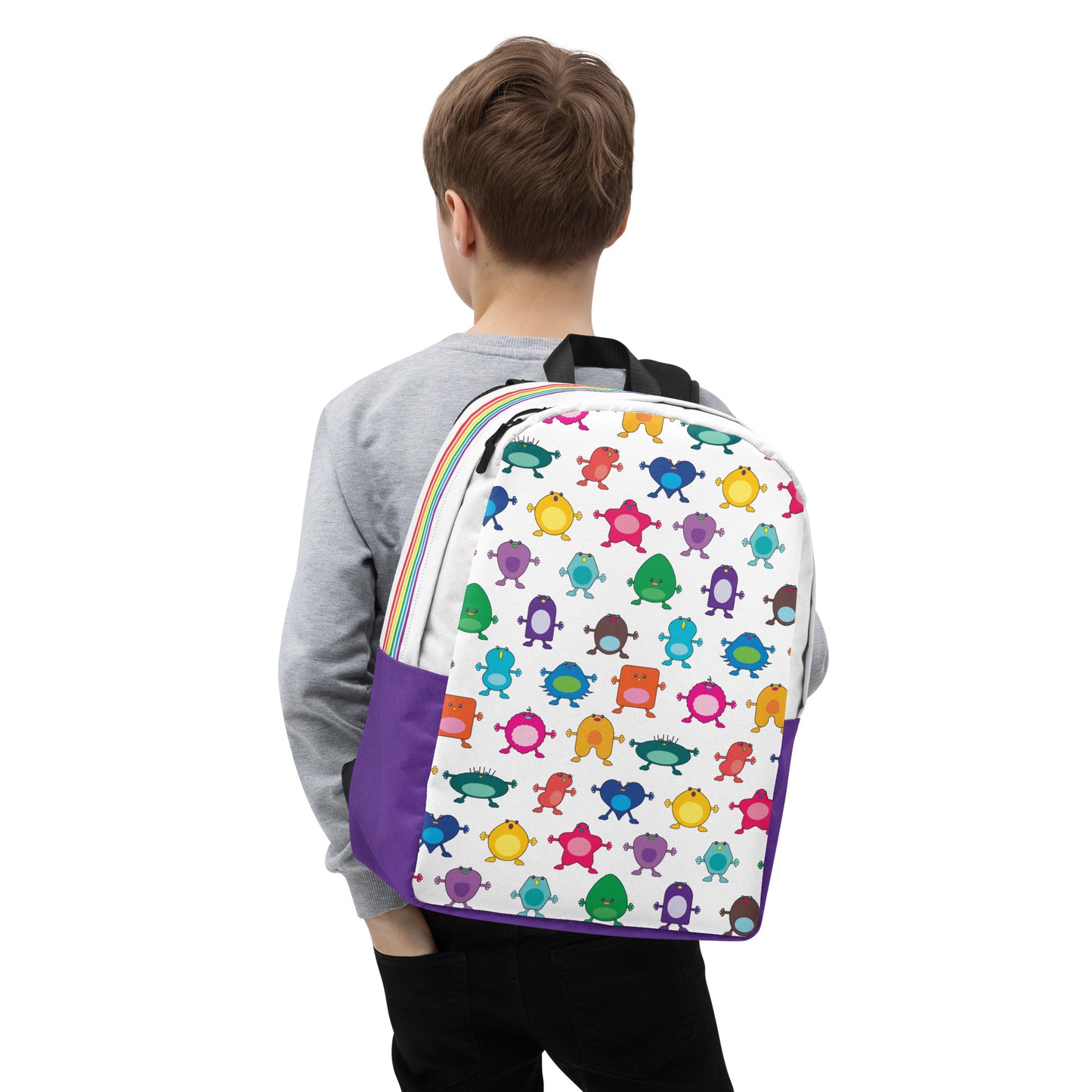 Large Monster White Minimalist Backpack purple base no pocket boy rear