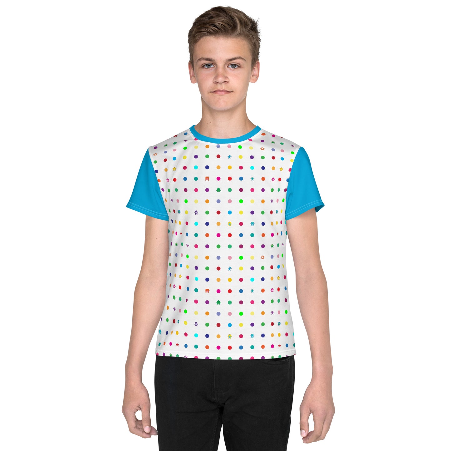 Youth t-shirt Small dots turquoise sleeves crew neck