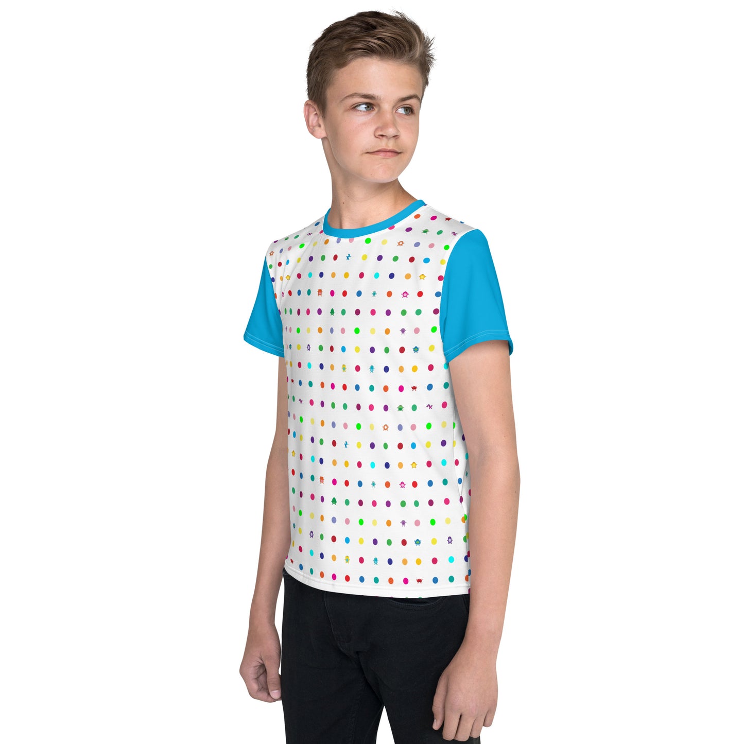 Youth t-shirt Small dots turquoise sleeves crew neck
