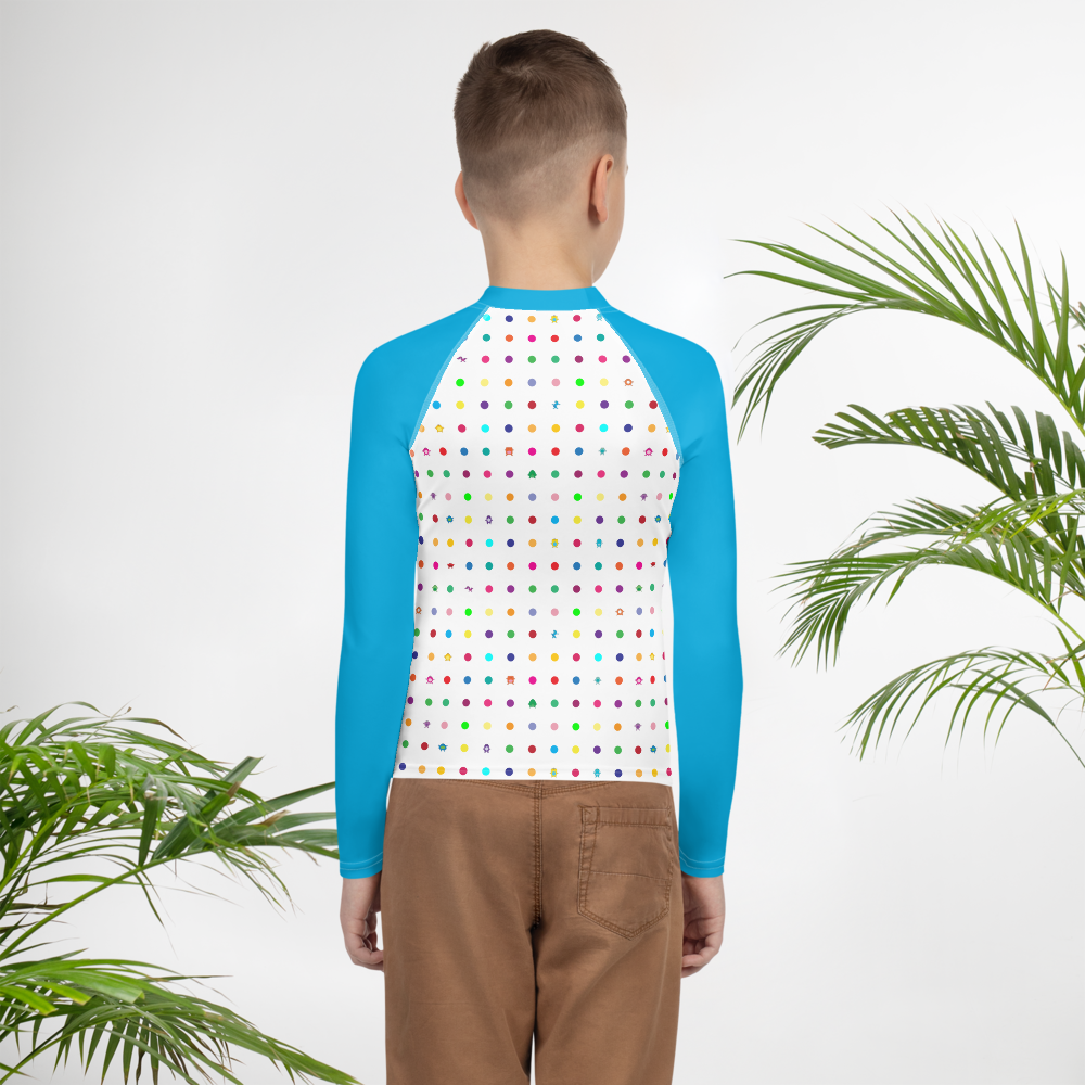 Small Dot Youth Rash Guard white with blue long sleeves boy rear
