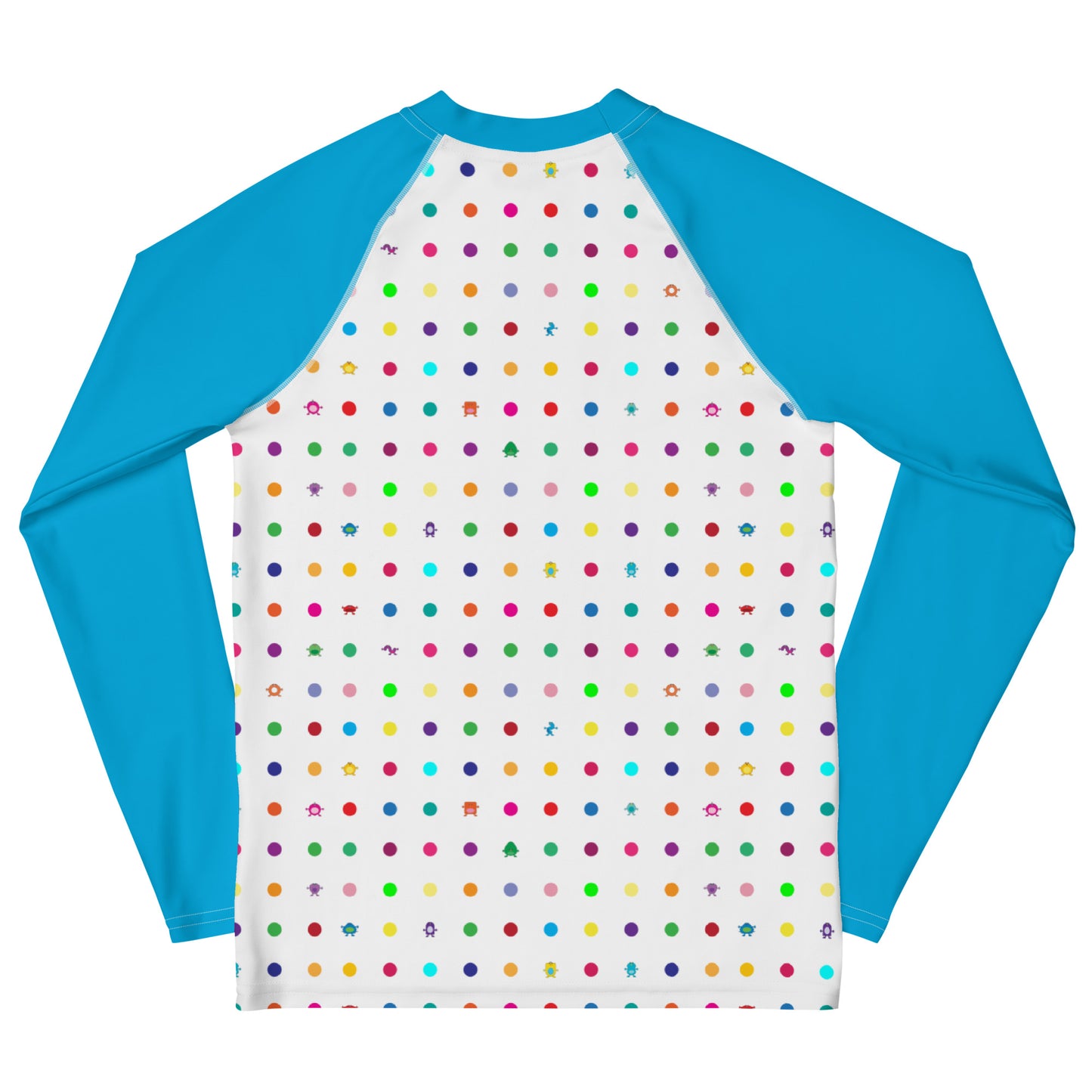 Small Dot Youth Rash Guard white with blue long sleeves rear view