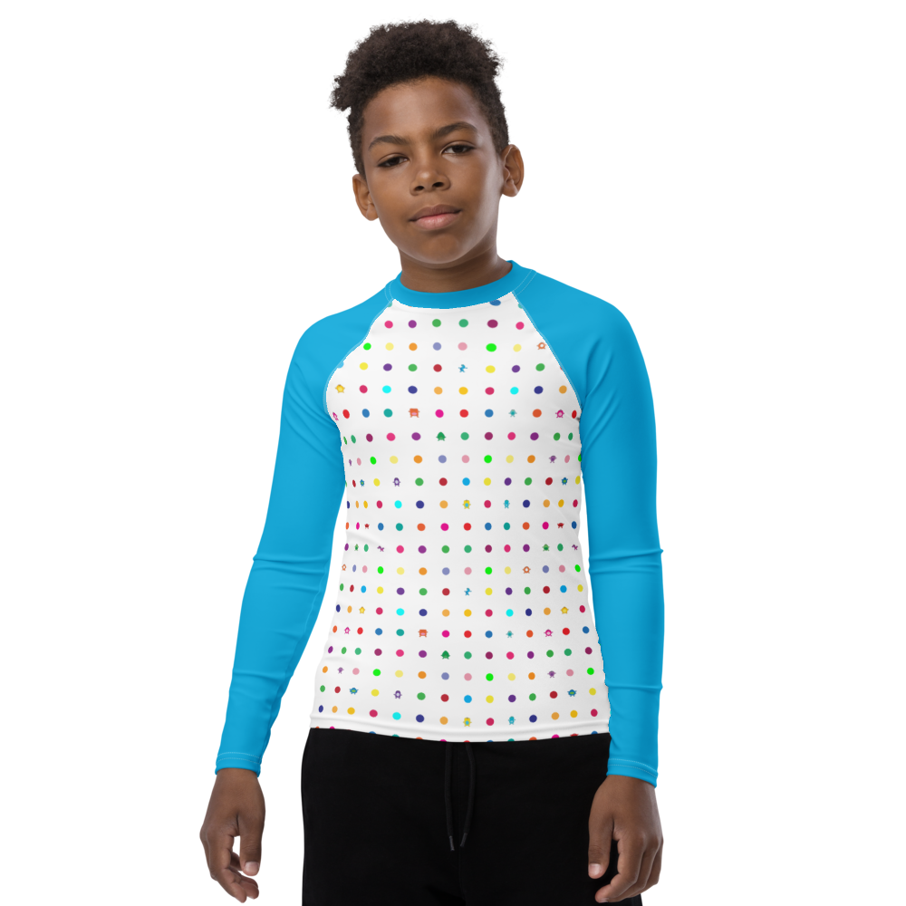 Small Dot Youth Rash Guard white with blue long sleeves boy front