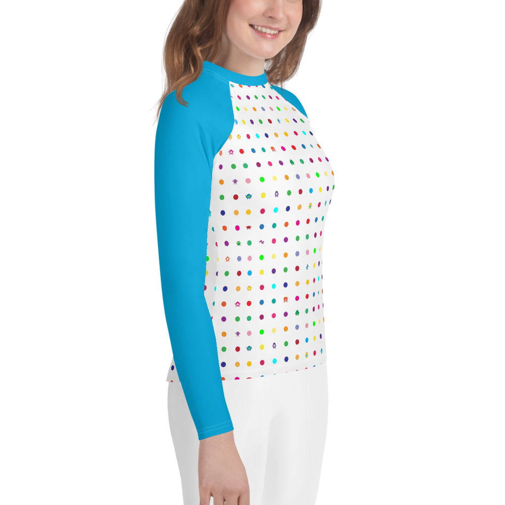 Small Dot Youth Rash Guard white with blue long sleeves girl side