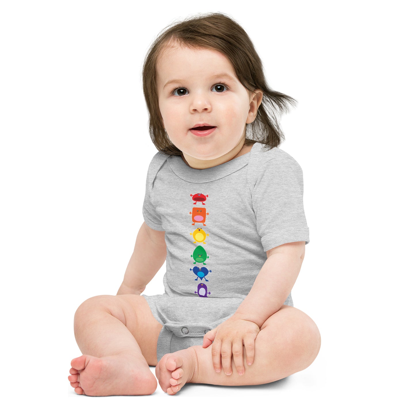 baby onesie grey with vertical column six large coloured monsters rainbow