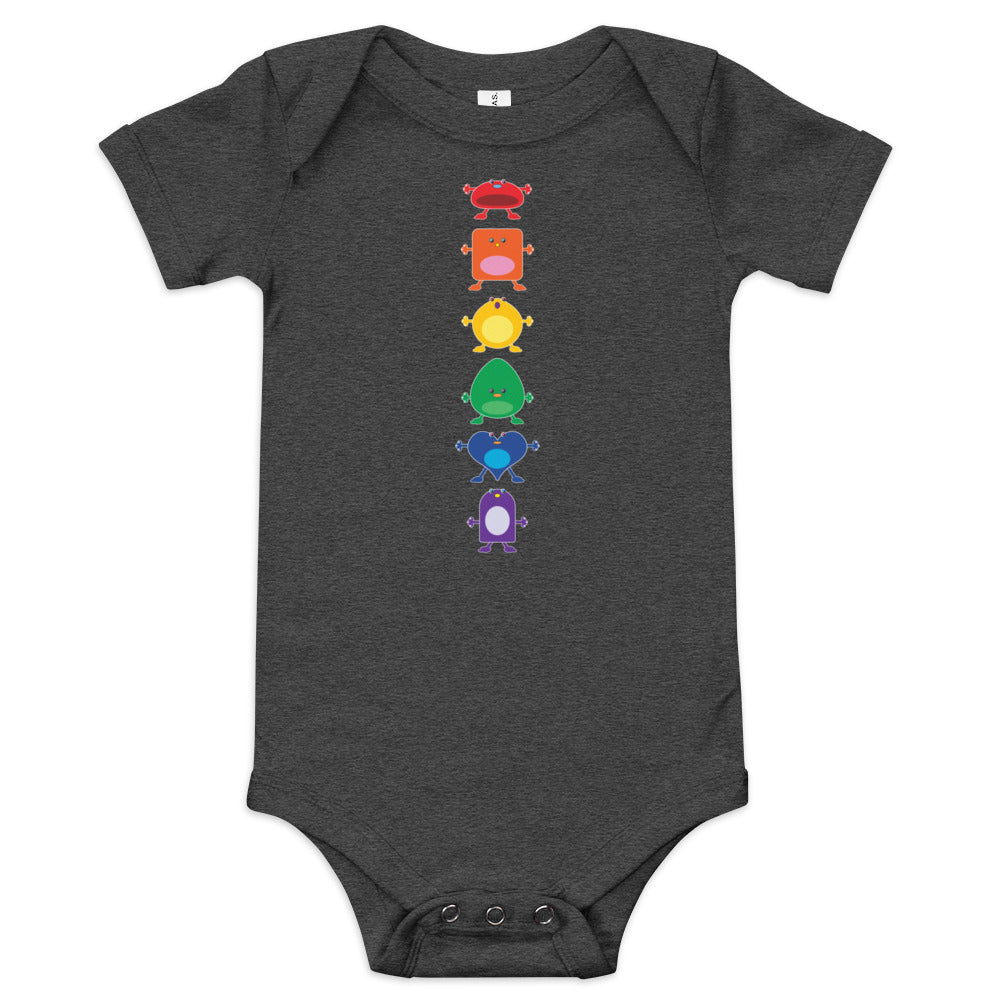 baby onesie charcoal dark grey with vertical column six large coloured monsters rainbow