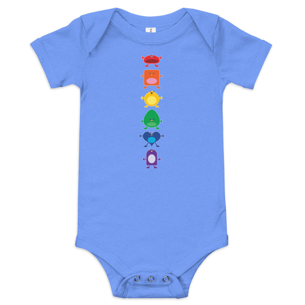 baby onesie blue with vertical column six large coloured monsters rainbow