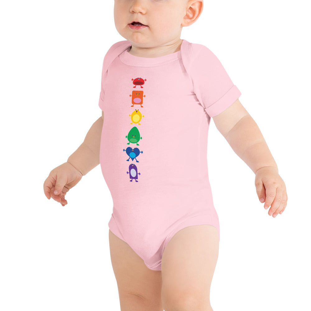 baby onesie pink with vertical column six large coloured monsters rainbow