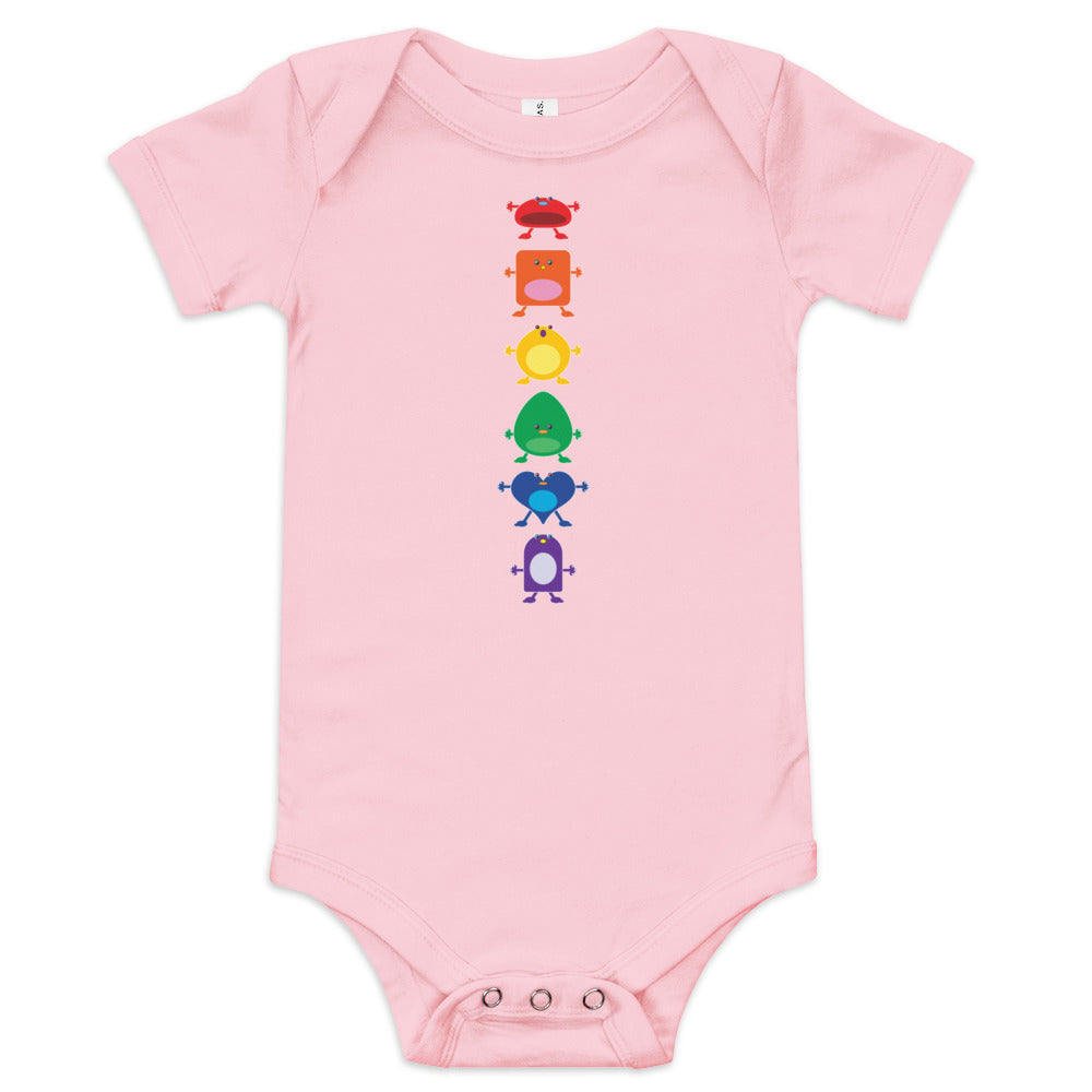 baby onesie pink with vertical column six large coloured monsters rainbow