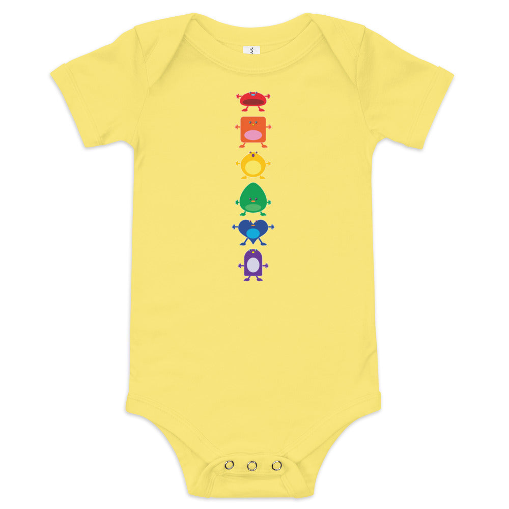 baby onesie yellow with vertical column six large coloured monsters rainbow