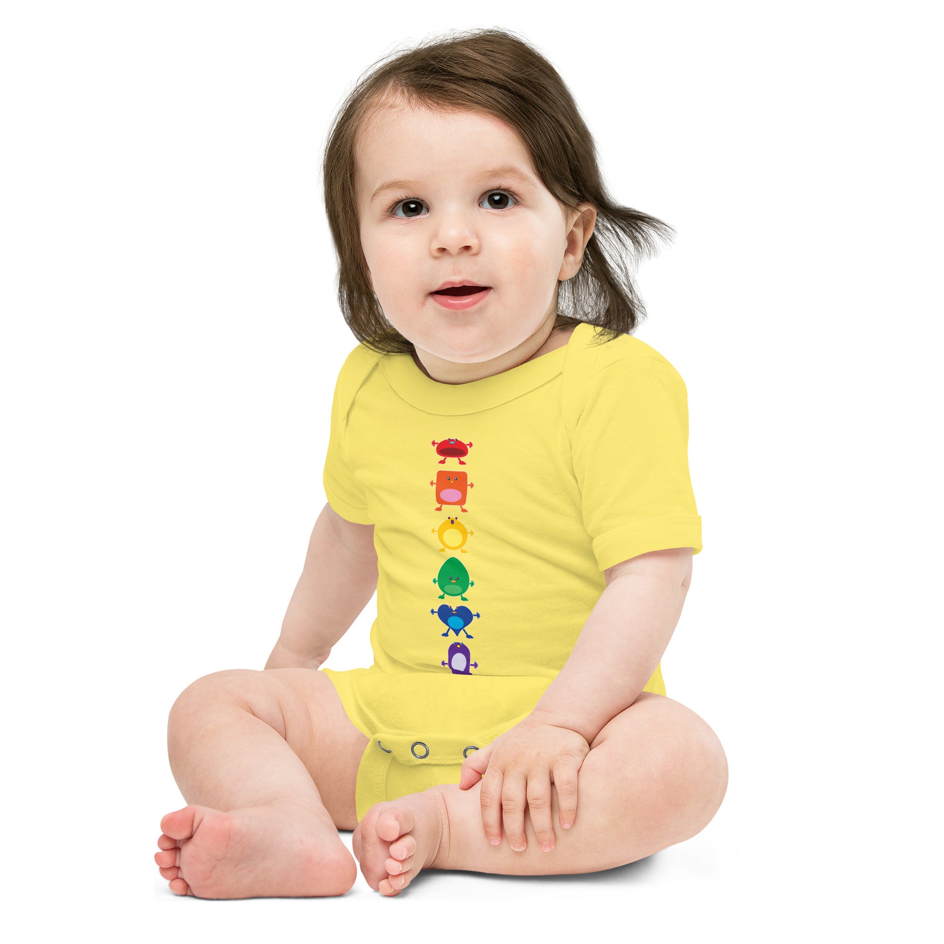 baby onesie yellow with vertical column six large coloured monsters rainbow