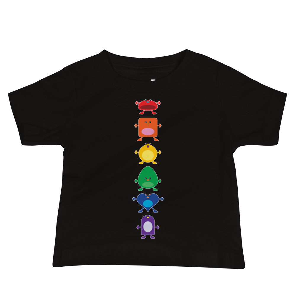 baby t-shirt black with vertical column six large coloured monsters rainbow
