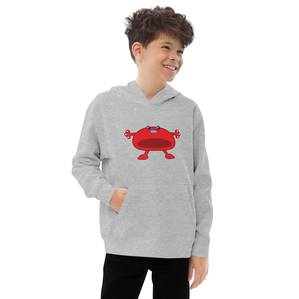 Grey Kids fleece hoodie with Red Monster boy front