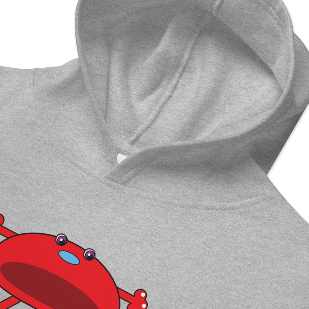 Grey Kids fleece hoodie with Red Monster close up hood